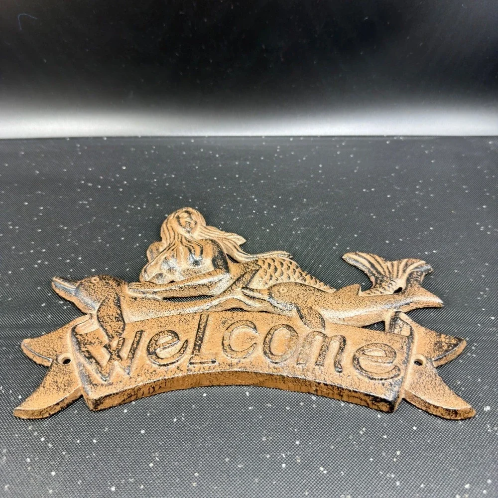 Cast Iron Mermaid‎ Welcome Sign Brown Nautical Dolphin Wall Plaque Coastal Decor